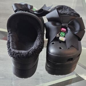 Elegant Black Furry Bow Mules with Gem Accents